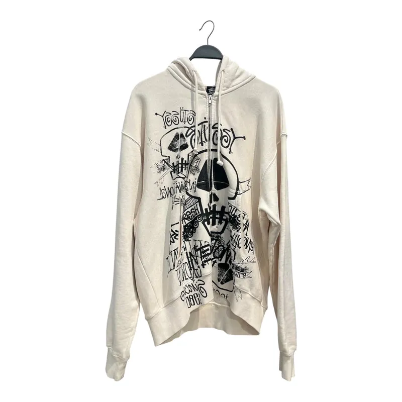 STUSSY/Zip Up Hoodie/XL/All Over Print/Cotton/WHT/SKULLS PRINTED HOODIE
