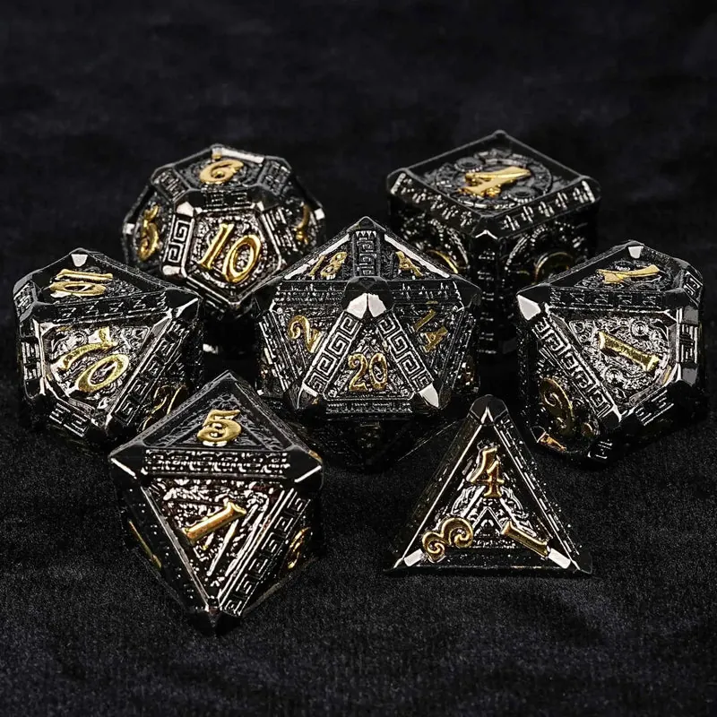 Black Gold Greek-Inspired Metal DND Dice Set — 7-Piece Zinc Alloy TTRPG Dice
